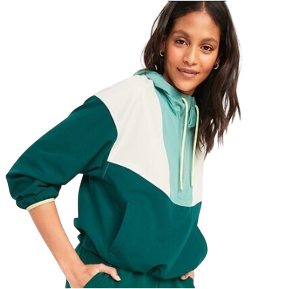 Old Navy Stretch Tech Color Block Half Zipper Jacket Size Small Green and Beige